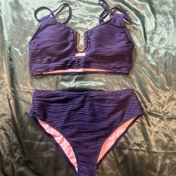 Deep Blue High Waisted Textured Bikini Swim Suit - Picture 3 of 6